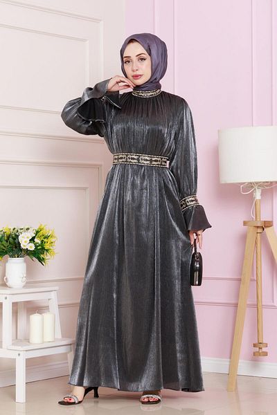 Sevitli Rochie de seara cu volan brodata de culoare antracit