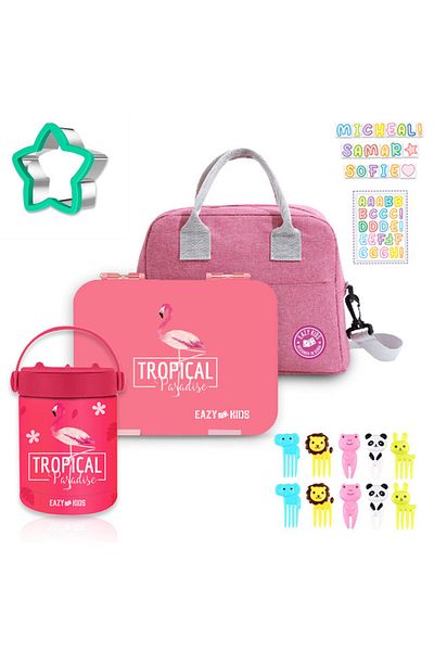 Eazy Kids 6 / 4 Compartment Bento Lunch Box w / Lunch Bag and Steel Food Jar Tropical - Pink