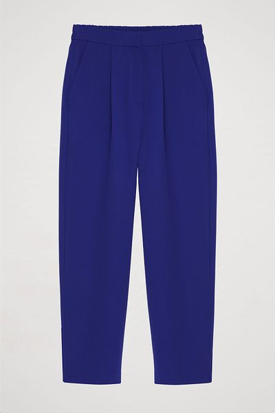 Quzu Sax Colored Fabric Trousers with Elastic Waist