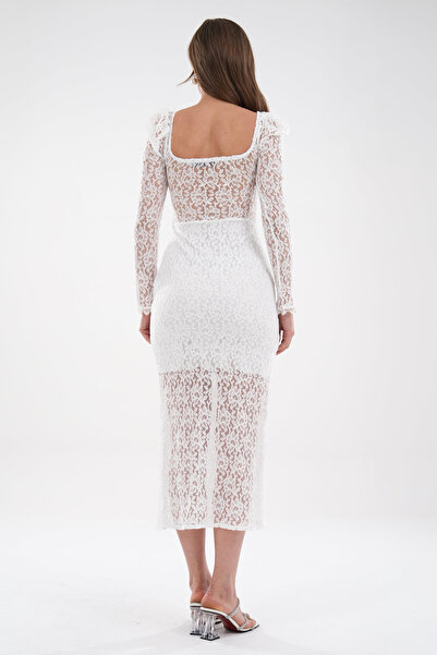 vuvutasarım Γυναικείο φόρεμα με επένδυση από δαντέλα από ύφασμα με τετράγωνο λαιμόκοψη Princess Sleeve Guipure Σχέδιο Λευκό Μίντι Φόρεμα 249