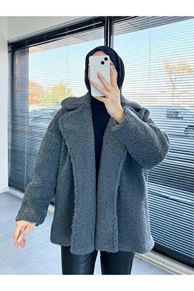 MELEK ARAZ Füme Oversize Yumuşak Dokulu Kısa Kadın Teddy Kaban