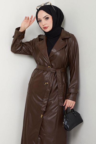 hafsamina Кафяв кожен тренчкот с двуредно закопчаване и колан - HM2656