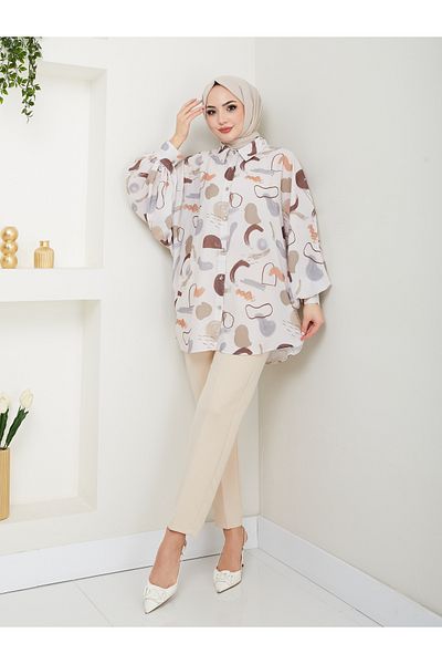 EFSUN MODA Риза с шарки Jessica - стандартен размер, дълъг ръкав, модел 2504, кафяв цвят