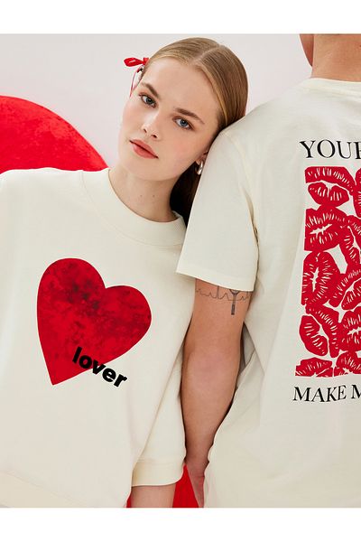 Koton Cotton Short Sleeve Crew Neck Heart Oversize Sweatshirt