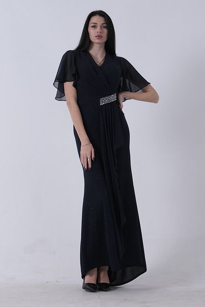 Feminist Stone Detailed Half Sleeve Hijab Evening Dress Navy Blue