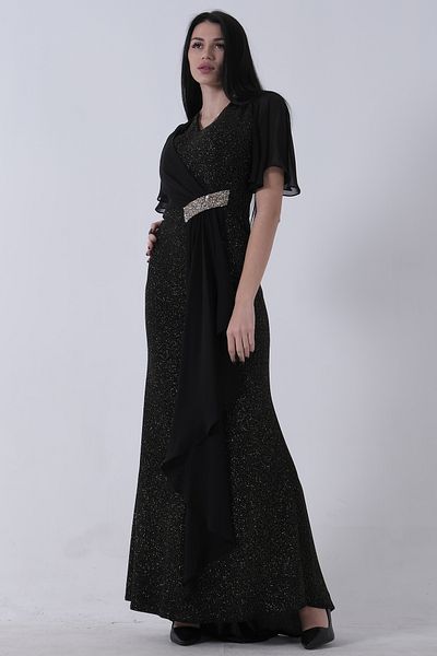 Feminist Half Sleeve Hijab Evening Dress with Stone Detail on the Waist Gold 08061271
