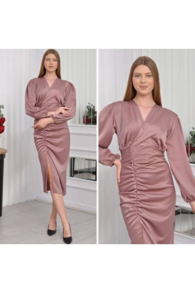 CİXAPLE Yırtmaçlı Kalem Saten Elbise