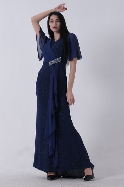 Feminist Half Sleeve Hijab Evening Dress with Stone Detail on the Waist 08061271