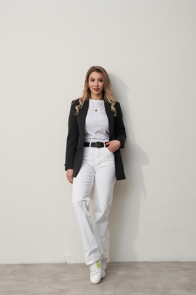 Rabia Çelik Kadın Siyah Tek Düğmeli Kol Detaylı Marka Model Blazer Ceket