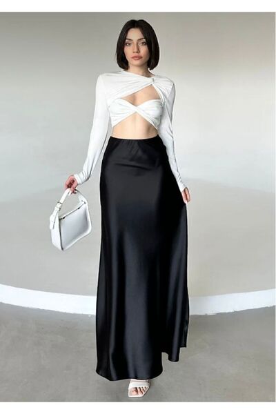 MODA UGS Kadın Şık Saten Kemeri Lastikli 100 Cm Maxi Boy A Line Etek