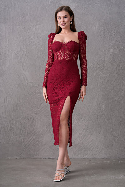 Secret Passion Lingerie Bordo Astarlı Dantel Kumaş Güpür ve Yırtmaçlı Tasarım Şık Midi Abiye Elbise 249