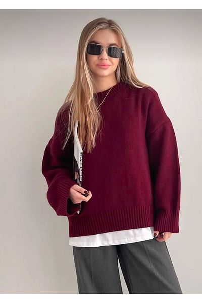 Gülce moda Burgundy Crew Neck Oversize Knitwear Sweater