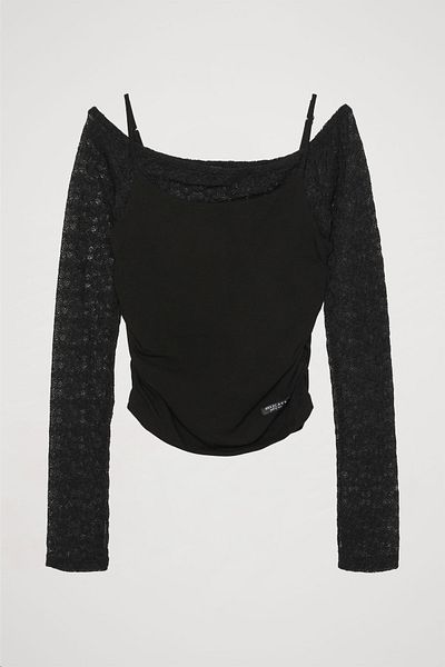 Quzu Black Lace Detailed Straps Draped Blouse