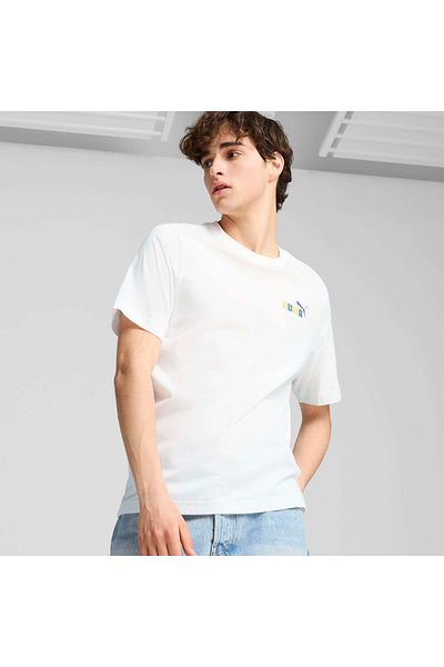 Puma Ανδρικό λευκό μπλουζάκι - Graphics Sports Club, στρογγυλή λαιμόκοψη