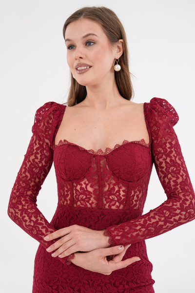 vuvutasarım Women's Lining Lace Fabric Square Neck Princess Sleeve Guipure Design Burgundy Midi Dress 249