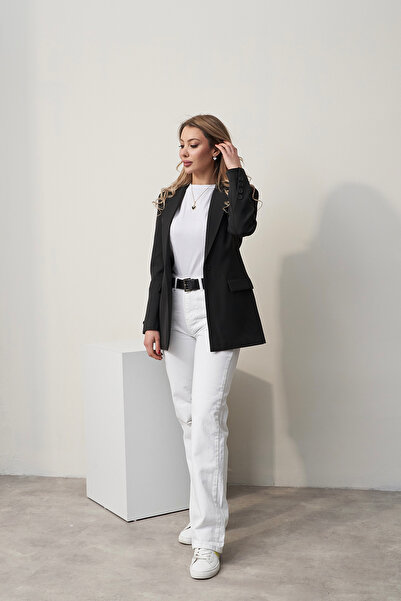 Rabia Çelik Kadın Siyah Tek Düğmeli Kol Detaylı Marka Model Blazer Ceket