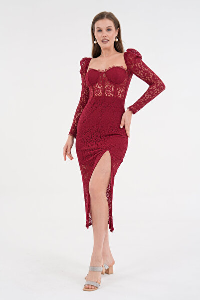 vuvutasarım Women's Lining Lace Fabric Square Neck Princess Sleeve Guipure Design Burgundy Midi Dress 249