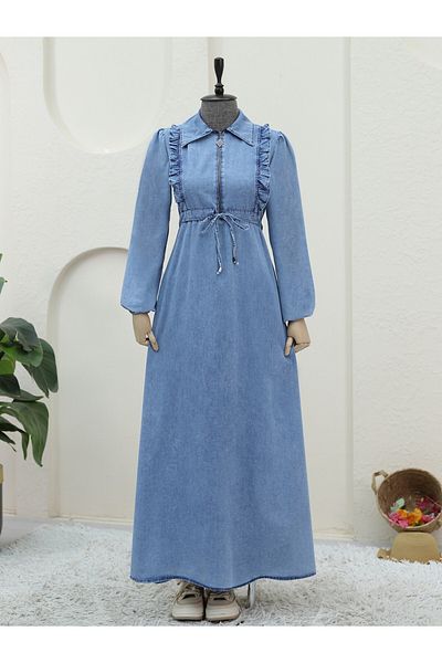 Modamorfo Rochie din denim albastru gheață - jumătate de fermoar și șireturi tunel