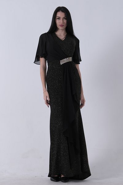 Feminist Half Sleeve Hijab Evening Dress with Stone Detail on the Waist Gold 08061271