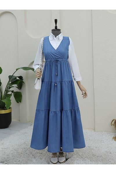 Modamorfo Blue V-Neck Tunnel Lace-Up Denim Gilet