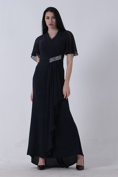 Feminist Stone Detailed Half Sleeve Hijab Evening Dress Navy Blue