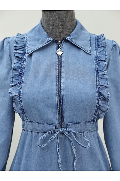 Modamorfo Rochie din denim albastru gheață - jumătate de fermoar și șireturi tunel