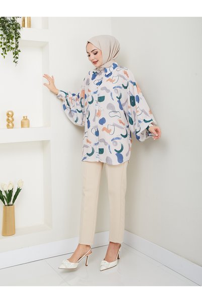 EFSUN MODA 2504 Model Sakis Blue Print Jessica Shirt - Long Sleeve and Standard Size