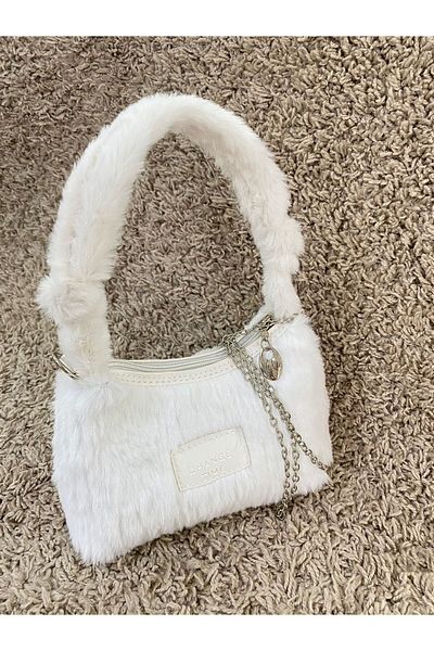 BEE BAGS Geantă de mână și de umăr model baghetă cu curea pufoasă de culoare albă cu blană de pluș