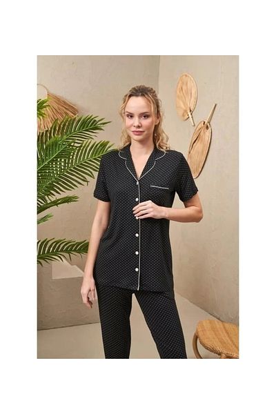 PJS 25186 طقم بيجامة نسائي بأكمام قصيرة وياقة وأزرار