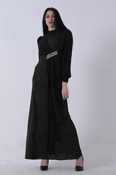 Feminist Bisiklet Yaka Beli Taş Detaylı Tesettür Abiye Gold Siyah 08061281
