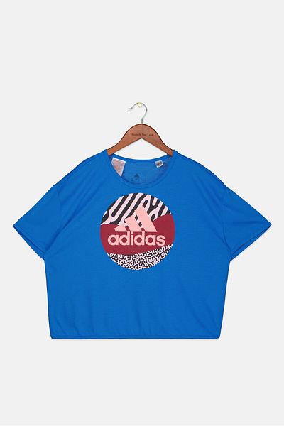 adidas Kids Girl Sportswear Fit Short Sleeve Graphic Print Top, Blue Combo