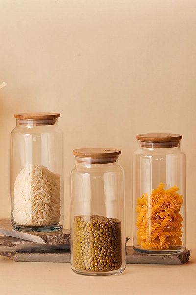 Lizzy Bamboo Vacuum Glass Jar with Lid 1300ml Set of 3
