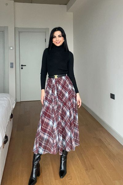 Seda Yalçın Atelier Claret Red Flared Plaid Skirt