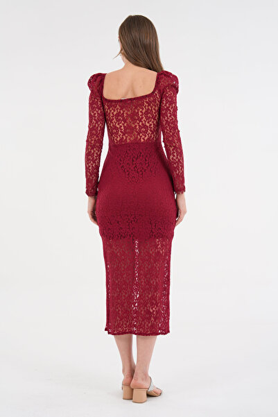 vuvutasarım Women's Lining Lace Fabric Square Neck Princess Sleeve Guipure Design Burgundy Midi Dress 249