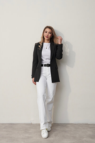 Rabia Çelik Kadın Siyah Tek Düğmeli Kol Detaylı Marka Model Blazer Ceket