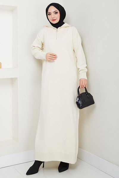 hafsamina White High Top Zippered Knitwear Dress - Hm2531