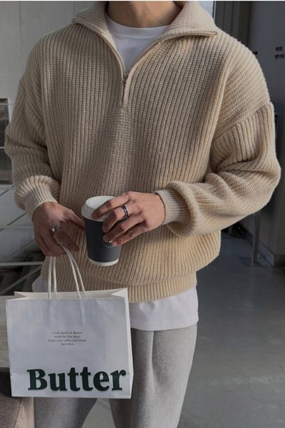 COOL TARZ Мъжки пуловер с цип от норка, голям размер, рибарски трикотаж