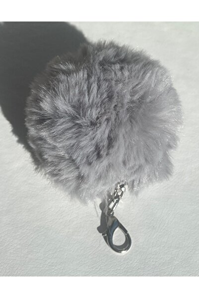 maycollection Gri Peluş Yumuşak Tüylü Ponpon Anahtarlık ve Çanta Aksesuarı