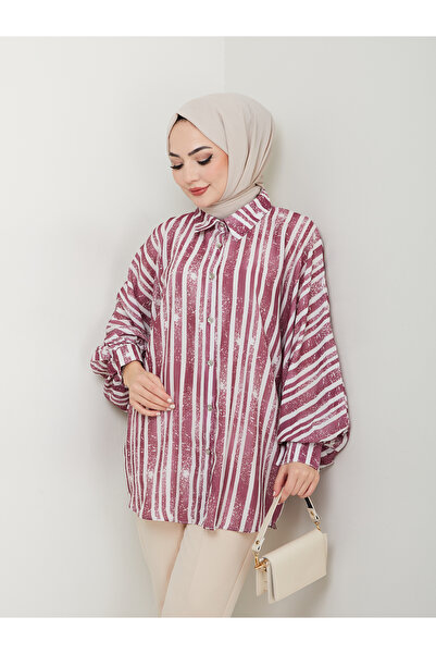 EFSUN MODA Jesica Print Shirt - Standard Size, Long Sleeve, Burgundy 2503
