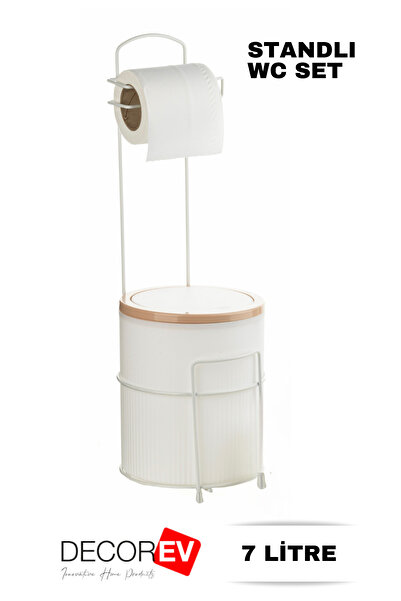 decorev 7 Litre Banyo Mutfak Çöp Kovası Metal Standlı Tuvalet Wc Kağıtlık Seti