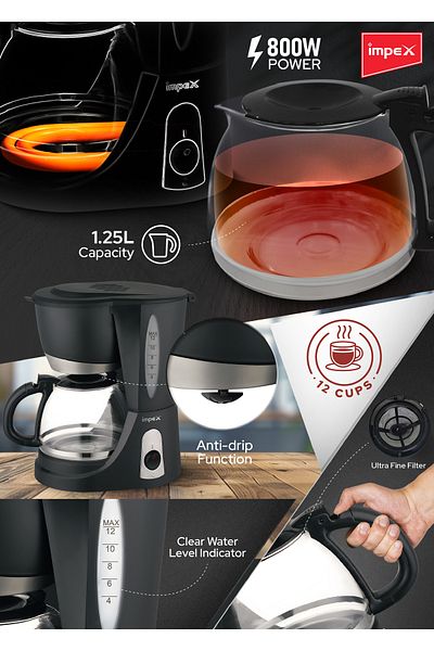 İMPEX IMPEX Drip Coffee Maker 1.25 Liters 12 Cups Quick Brewing Removable Filter 800W
