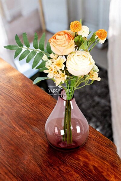 Yapay Çiçek Deposu Yapay Çiçek Kaliteli Karanfil Şakayık Gül Buketi 40 cm Krem-Turuncu