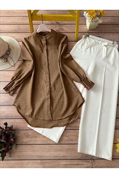 HİJABAYA Oval Cut Shirt with Draped Sleeve Cuff
