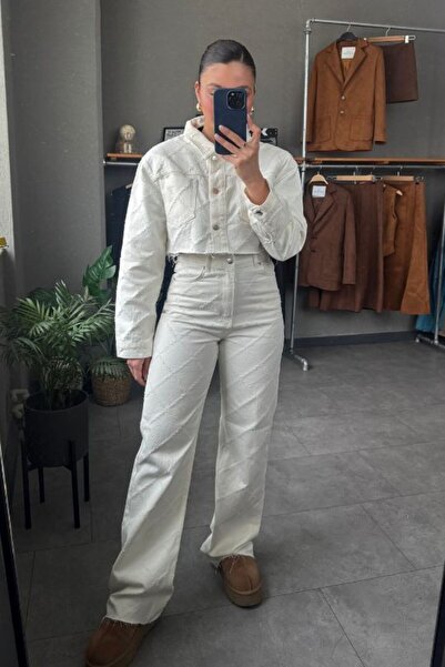 YOUR NAME Жаккардові кремові прямі жіночі джинси