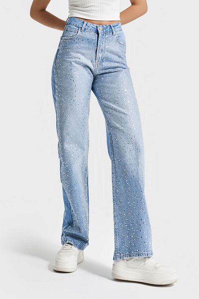 its basic Blugi de damă Culoare T6-2S5-3 Strasuri strălucitoare în față Potrivire dreaptă 100% Design Coton Jean denim