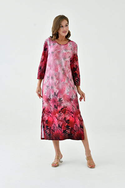 MAMAYAGA Women's Three Quarter Sleeve Print Midi Length Plus Size Curve Nightgown Cotton Dress with Slit