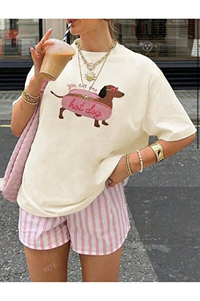 stg spor toptan giyim Γυναικείο μπλουζάκι μπεζ Hot Dog με τύπωμα oversized Lo...