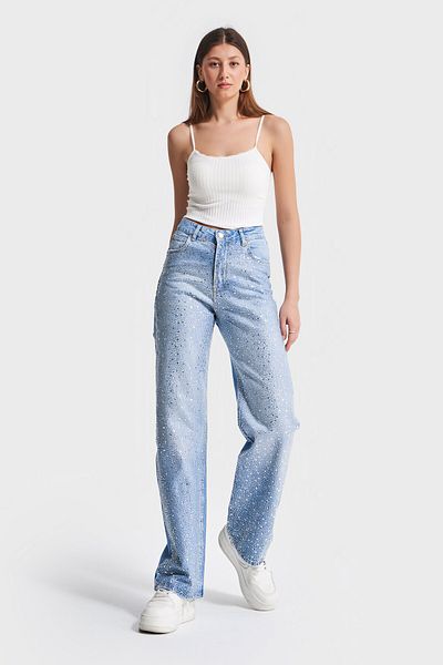 its basic Blugi de damă Culoare T6-2S5-3 Strasuri strălucitoare în față Potrivire dreaptă 100% Design Coton Jean denim