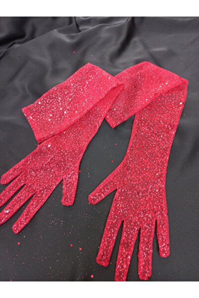 es moda shop Red Bridal Gloves Iiiltılı Taara Sequin Embroidered