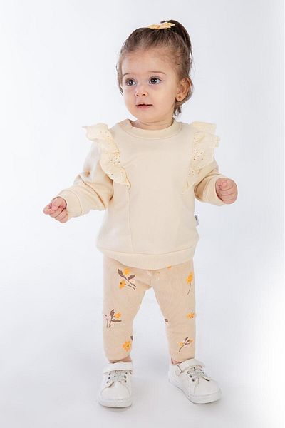 Magu Beige Patterned Cotton Sweatshirt and Leggings Set for Baby Girl - Flywheel Detail